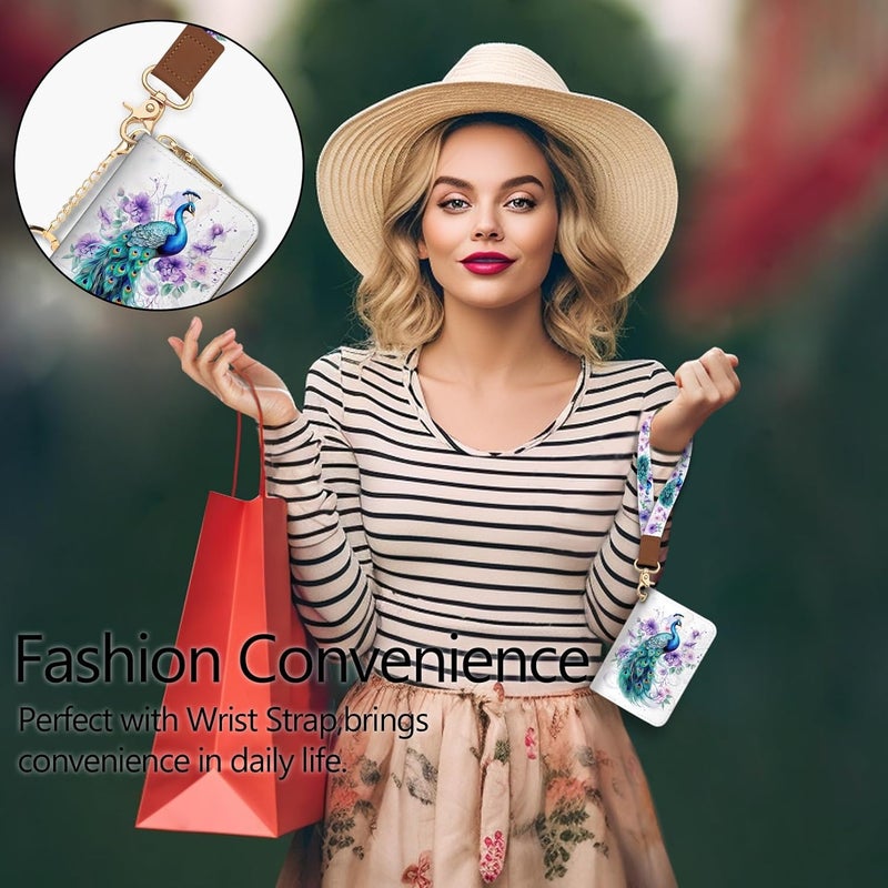 Blusabaca Credit Card Holder for Women, Peacock Small RFID Blocking Wallet with Wristlet Strap, Keychain Wristlet Zipper Women Wallet, Leather Card Case, Accordion Card Wallet Purse with Key Lanyard - Image 2